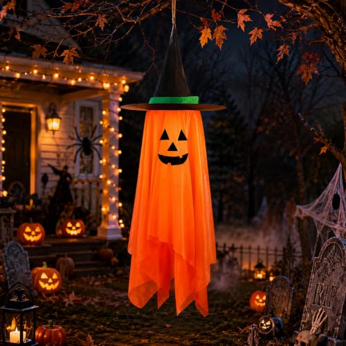 Baboea 39.4-Inch Hanging Ghost Decoration with Witch Hat for Halloween