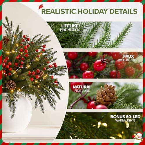 Christmas Pine Branches & Red Berries with Lights - B Style, 12-Piece