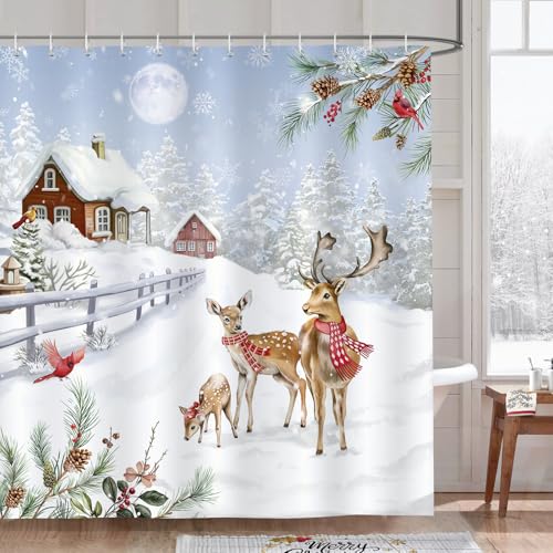 Christmas Deer Shower Curtain - Winter Snow Landscape, 72x72 Inch