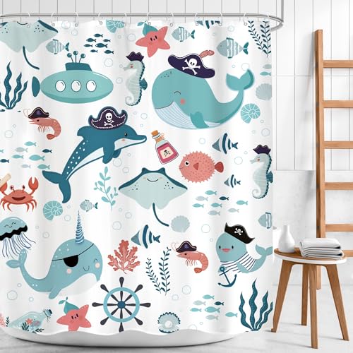 Ocean Whale Teal Blue Shower Curtain Set - 72" x 72"