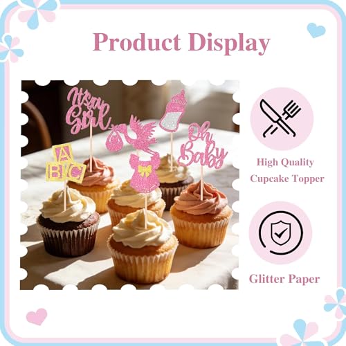 12 Rose Gold Glitter Cupcake Toppers for Baby Girl Shower