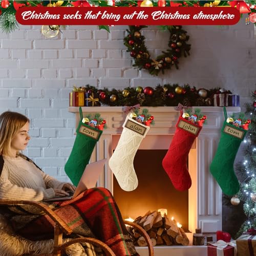 Large Christmas Stockings Set with Leather Name Tags - 18 Inch, Red Green White