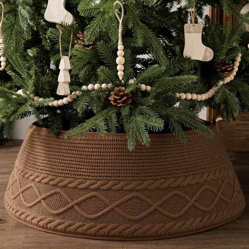 Large 36 Inch Neutral Brown Knitted Christmas Tree Collar - Rustic Farmhouse Holiday Decor