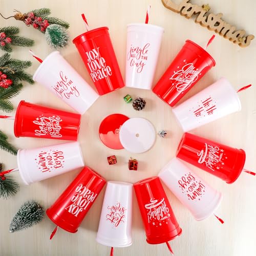 Christmas Tumbler Cups Bulk - 10 Pcs 34 oz with Lids & Straws, Holiday Drinkware - Variation of 10