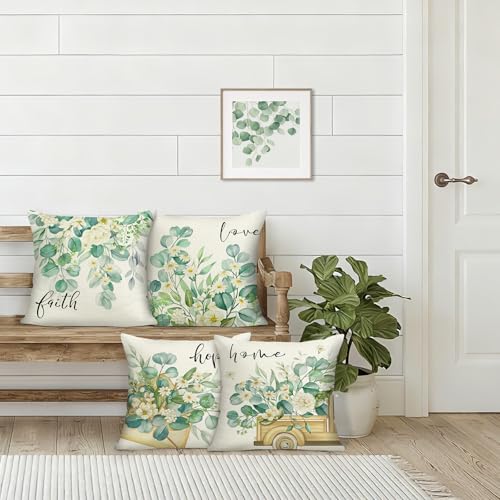 Eucalyptus Leaves Throw Pillow Covers 18" x 18" (Set of 4) - Farmhouse Floral Decor