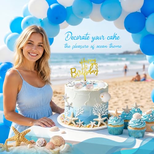 18-Piece Ocean Theme Cake Topper Set, Gold Seashell & Starfish Decorations
