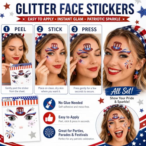 Patriotic Glitter Face Gems & USA Flag Temporary Tattoos (2 Pack)