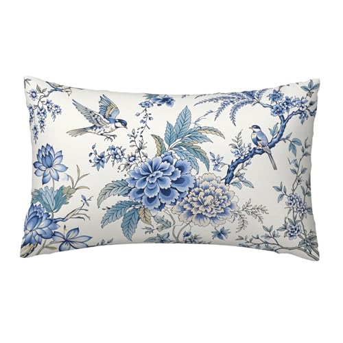 GSRONY Chinoiserie Blue Bird Lumbar Pillow Cover, 12x20 Inch Cotton Linen