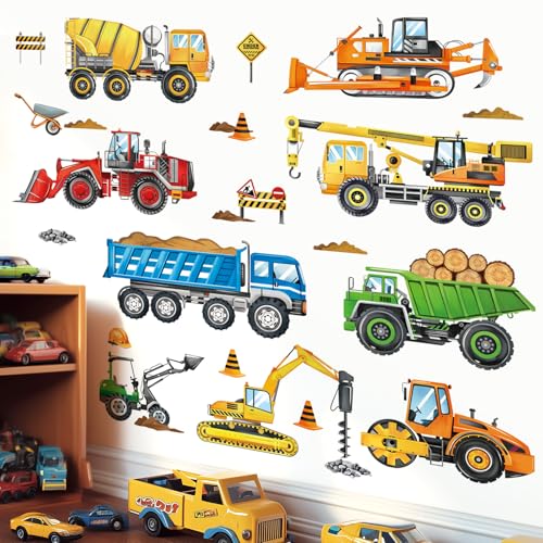 Construction Vehicles Wall Decals for Boys' Bedroom & Playroom - 8 Sheets