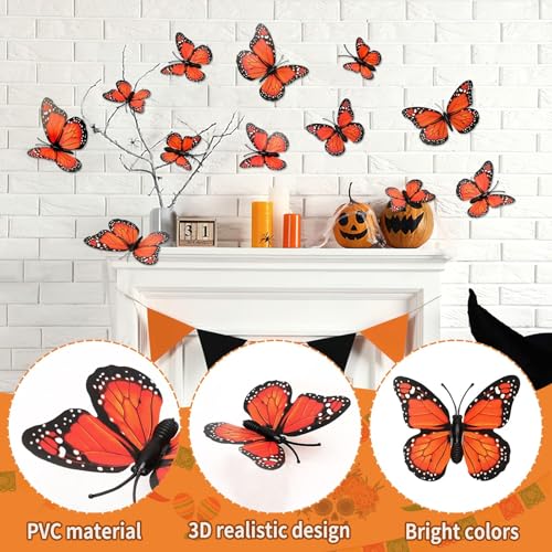 60Pcs 3D Monarch Butterfly Wall Decals - Magnetic Orange Butterfly Decor