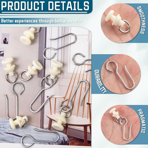 White Curtain Track Hooks Set - 90 Clips & Rollers for Showers