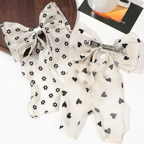 Papasgix Big Silk Hair Bow Clip with Long Ribbon - White Butterfly