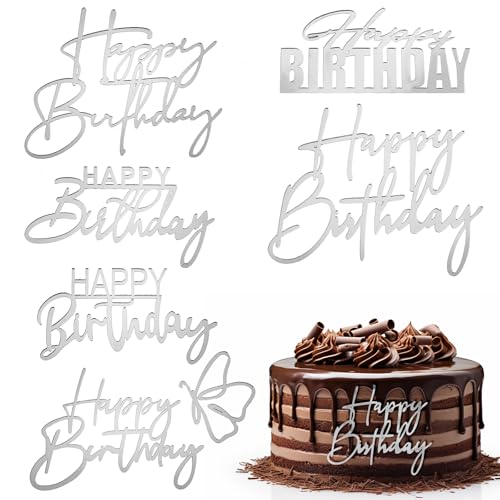 Silver 6Pcs Acrylic Happy Birthday Cake Toppers Set