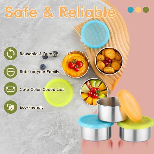 BEFOY Stainless Steel Snack Containers Set - 3 Pack for Kids, Blue-Orange-Green, Leakproof Bento Box for School