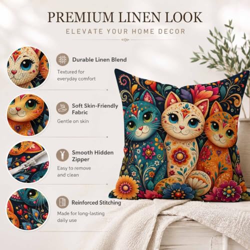 SheEasy 16x16 Inch Colorful Cats Pillow Cover - Farmhouse Linen Decor, Pack of 1