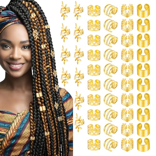 Tyqour 50pcs Gold Hair Jewelry & Cuffs for Braids, Dreadlock Accessories