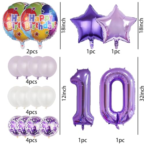10th Birthday Party Decorations - 18 Pcs Purple Foil & Latex Balloons