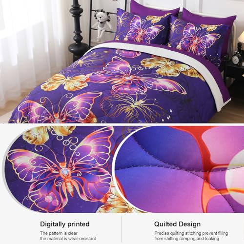 Violet Butterfly Queen Comforter Set for Kids Girls - 7 Pieces Bedding