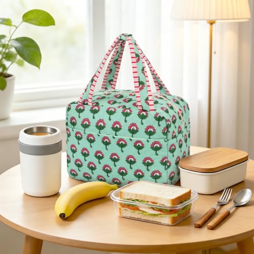 Insulated Green Lunch Bag for Women - Cute Reusable Tote