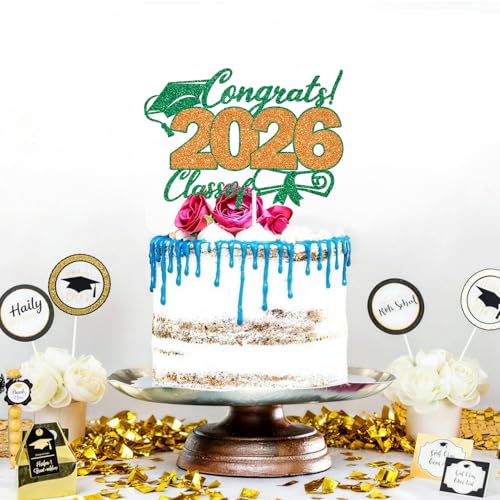 2026 Graduation Cake Topper - Green & Orange Glitter Decor