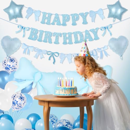 Blue Bow Birthday Party Decorations Set with Balloons & Banner