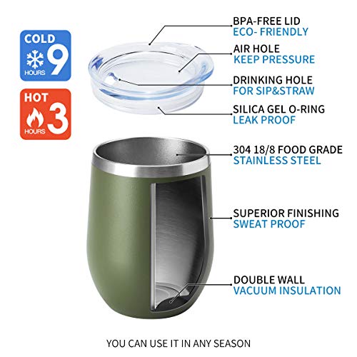 HASLE OUTFITTERS 12oz Army Green Wine Tumbler with Lid - Insulated Stainless Steel Travel Mug