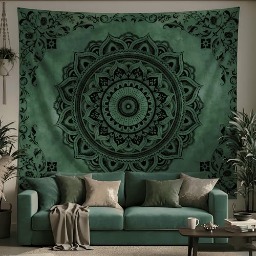 Green Mandala Tapestry Wall Hanging - Boho Cotton Art 51"x60"