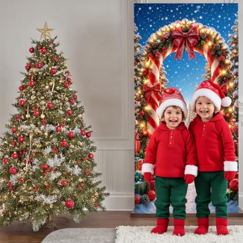 Christmas Door Banner Cover - Winter Wonderland Candy Cane Arch, Style A, 71x35 Inches