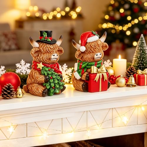 Christmas Highland Cow Figurines Set - Resin Farmhouse Holiday Decorations