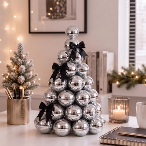 Disco Mirror Ball Christmas Tree Decorations - 11.8 Inches with Black Bow - Variation of THIS listing