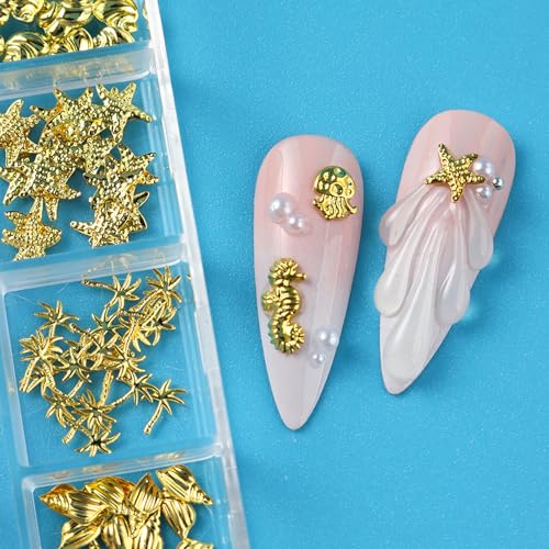 KSTBJN 12 Grids Gold Metal Nail Art Charms 3D Ocean Theme Decors