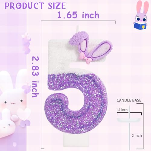 Glitter Purple Bunny Number 5 Candle - Cute Cake Topper for Kids