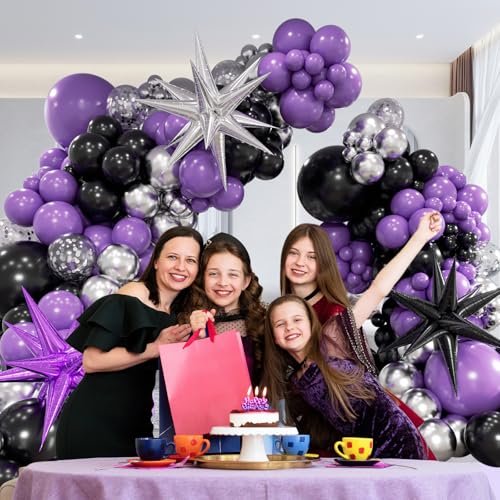 Purple and Black Balloon Arch Kit with Confetti - 125pcs for Parties