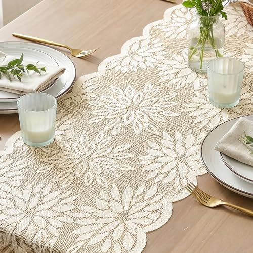 Artoid Mode Lace Jacquard Dahlia Spring Table Runner 13x72 Inch Beige