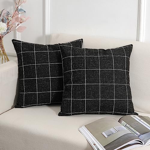 Pack of 2 Black & Beige Plaid Throw Pillow Covers - 20x20 Linen Cushion Covers for Sofa & Living Room