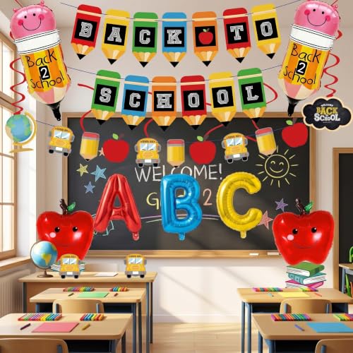 Back to School Decorations Set - Pencil & Apple Balloons & Banners