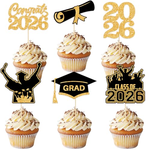 36 Graduation Cupcake Toppers - Black Gold Class of 2026