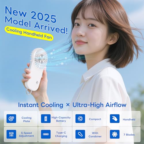 Aanotoee Handheld Mini Fan with Cooling Plate, 5-Speed USB Rechargeable Fan