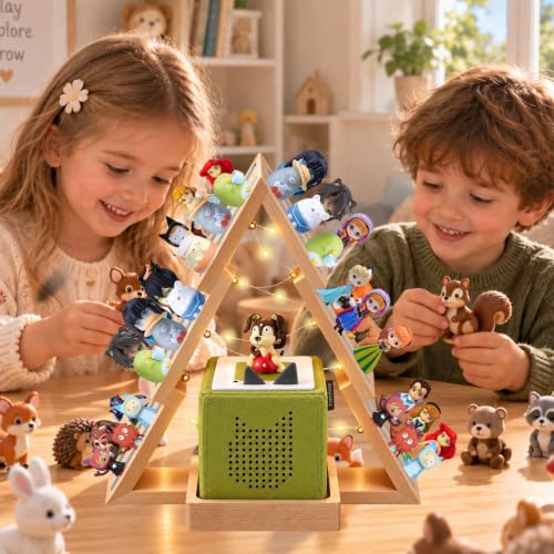 Christmas Tree Tonie Shelf - Wooden Storage for 36-48 Figures with LED Light - Wall-Mountable or Desktop Display