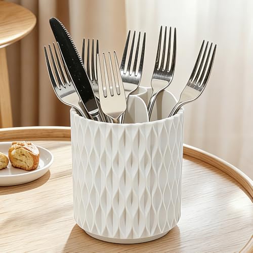 360° Rotating White Utensil Holder with 4 Slots for Countertop