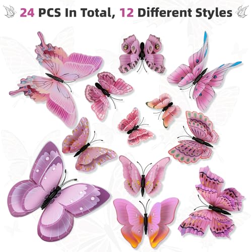 24 PCS 3D Butterfly Wall Stickers with Magnets - Pink Decor