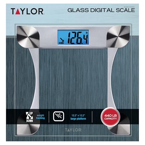 Taylor Digital Bathroom Scale for Body Weight, Large 12.2 Inch Glass Platform, Blue Backlit LCD Display, 440 lb Capacity, Weight Tracking for 2 Users, Clear