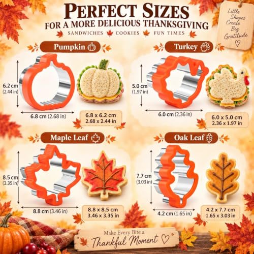 Thanksgiving Cookie Cutters Set - 4 Stainless Steel Shapes for Baking & Sandwiches - Pumpkin, Maple Leaf, Turkey, Leaves