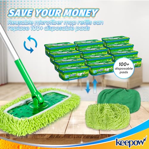 KEEPOW Reusable Mop Pads for Swiffer Sweeper - 4 Pack (2 Wet + 2 Dry)