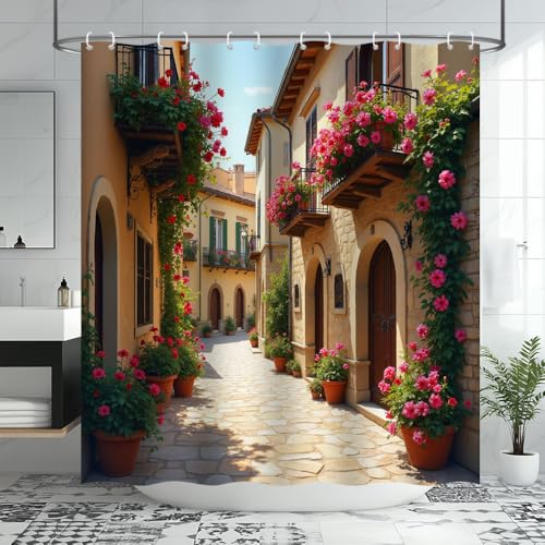 JEJOMEAG Italian Mediterranean Shower Curtain 70x70 Inches Tuscany Europe Fabric Bathroom Decor