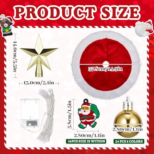 Mini Christmas Tree Ornaments Set with Star Topper, Skirt & Lights - 63 Pieces