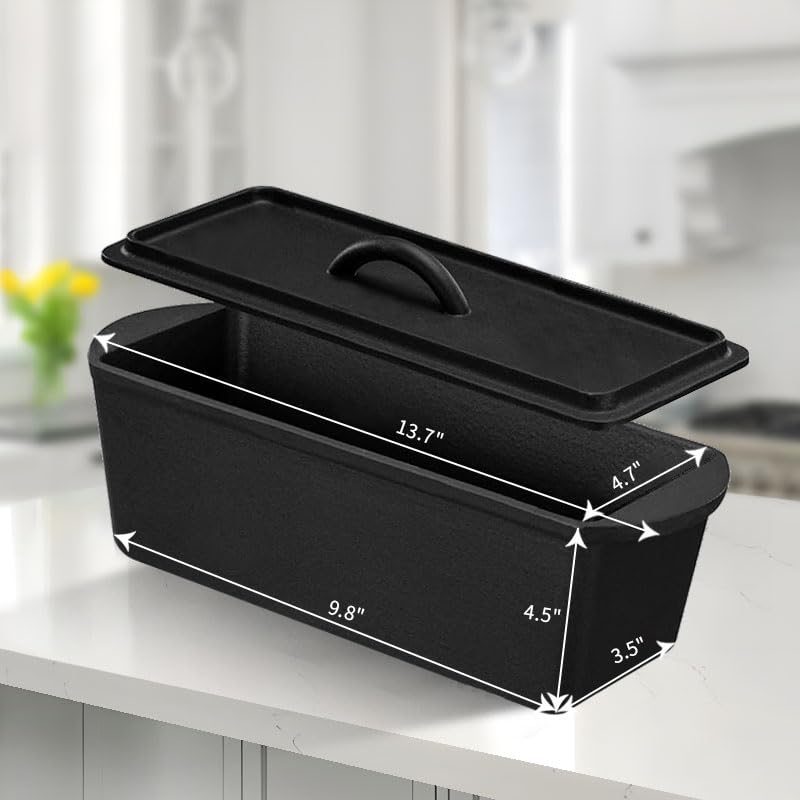 PADELE Cast Iron Bread Pan with Lid - 2LB Capacity (13x5 Inch) Large Pullman Loaf Pan for Homemade Bread - Non-Stick，Dual Handle, Pre-Seasoned, Rust-Resistant (Black-Cast Iron)