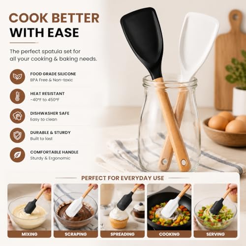2-Pack BPA-Free Silicone Cooking Spoons with Wood Handles