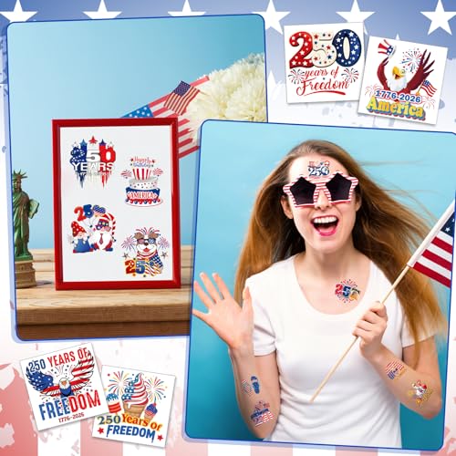 HOWAF 250th Anniversary Temporary Tattoos, 72pcs USA 1776-2026 Party Favors