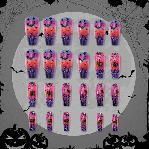 Halloween Press on Nails Medium Coffin Acrylic False Nails Pink Purple